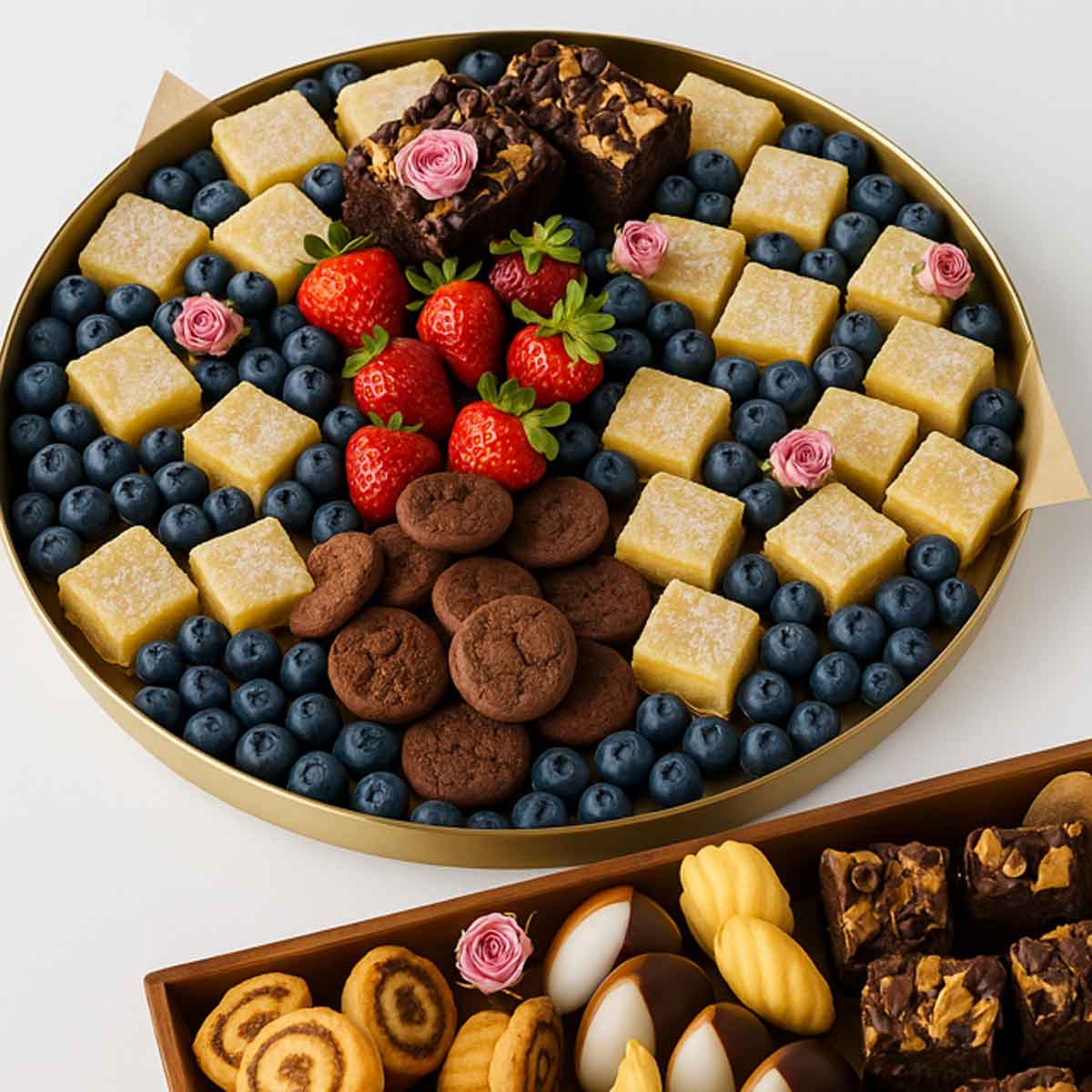 Assorted desserts including cookies, brownies, and berries on a decorative platter.