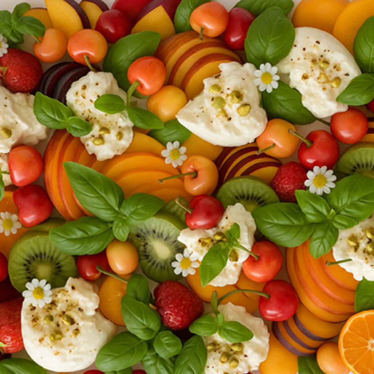 Assorted fruits and vegetables arranged in a visually appealing pattern