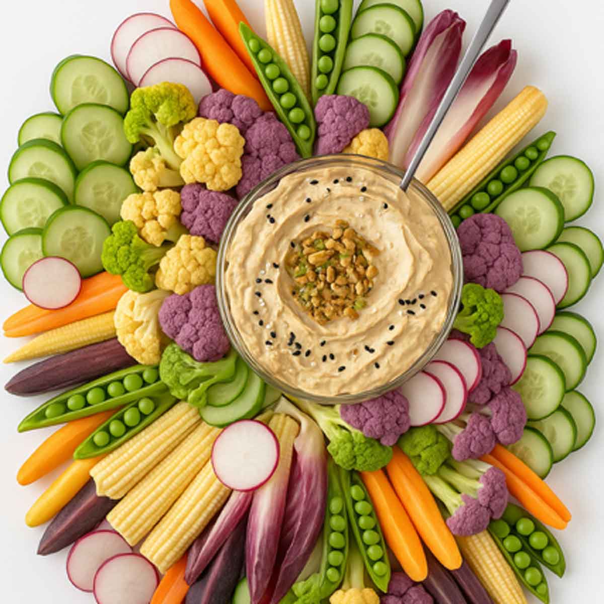 Platter of fresh vegetables with a bowl of hummus in the center.