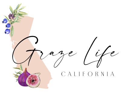 Graze Life California logo with a stylized map of California and decorative elements on a transparent background.