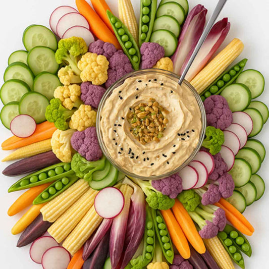 Platter of fresh vegetables with a bowl of hummus in the center.